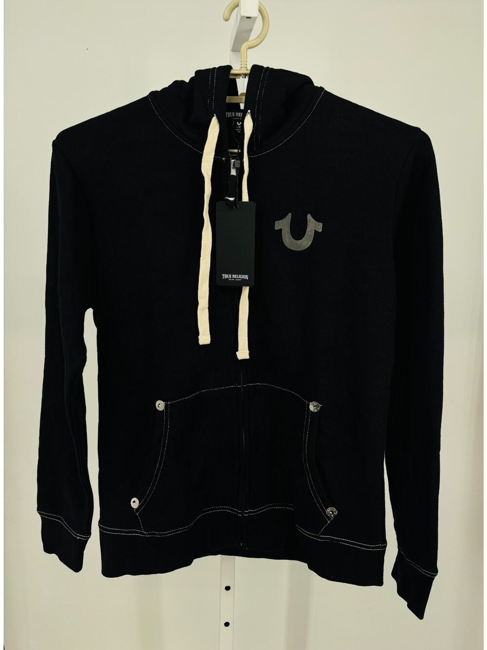 True Religion Classic Logo Zip Up Hoodie Mens L Black Drawstring Kangaroo Pocket